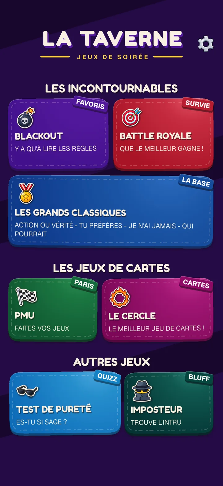 L'écran d'accueil de La Taverne